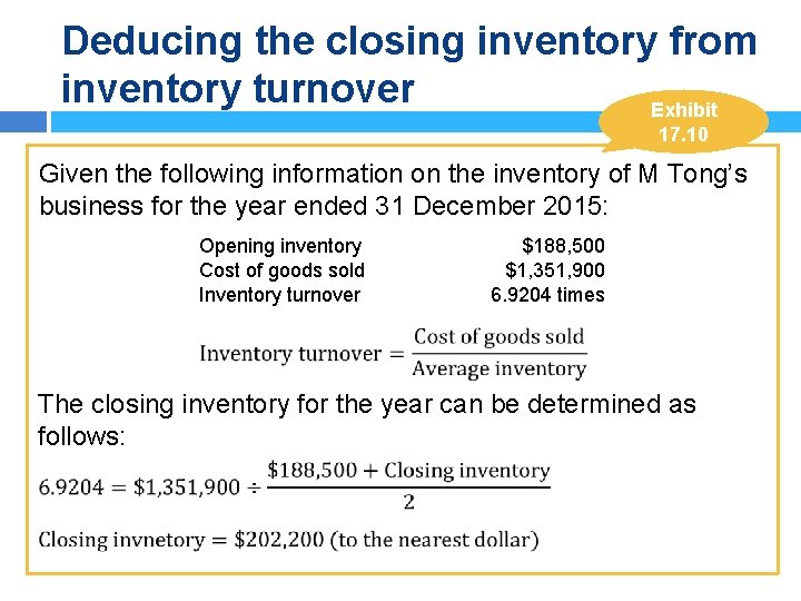 Deducing the closing inventory from inventory turnover Exhibit 17. 10 Given the following information