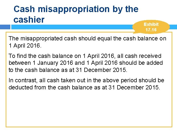 Cash misappropriation by the cashier Exhibit 17. 16 The misappropriated cash should equal the