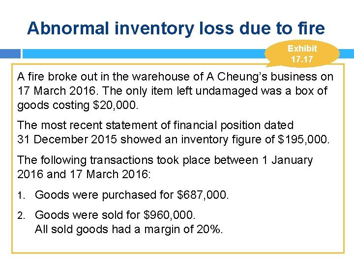 Abnormal inventory loss due to fire Exhibit 17. 17 A fire broke out in