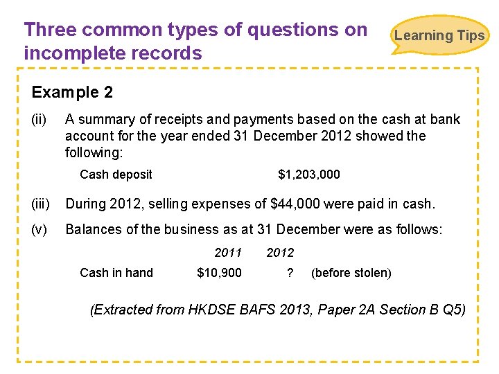 Three common types of questions on incomplete records Learning Tips Example 2 (ii) A