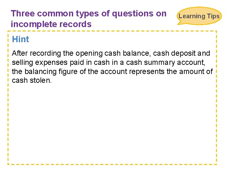 Three common types of questions on incomplete records Learning Tips Hint After recording the