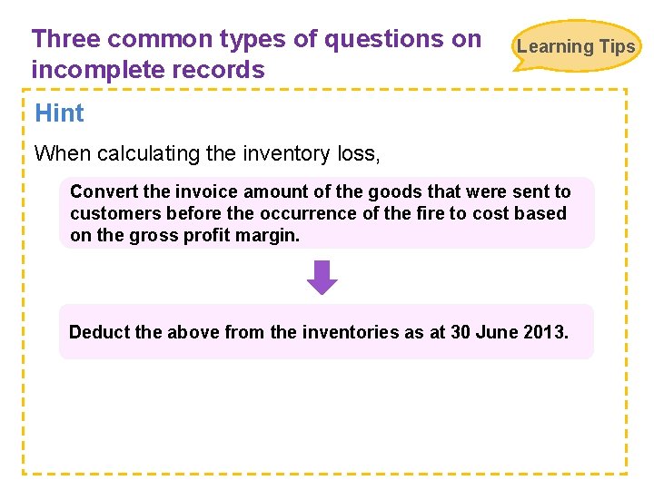 Three common types of questions on incomplete records Learning Tips Hint When calculating the