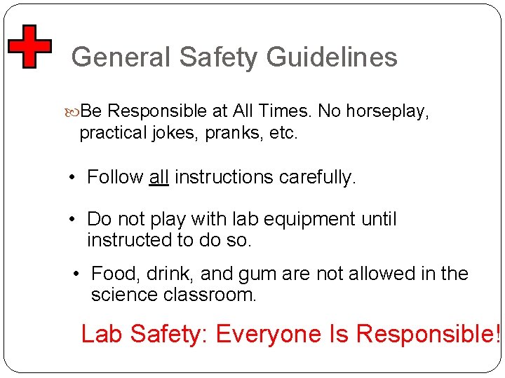 General Safety Guidelines Be Responsible at All Times. No horseplay, practical jokes, pranks, etc.