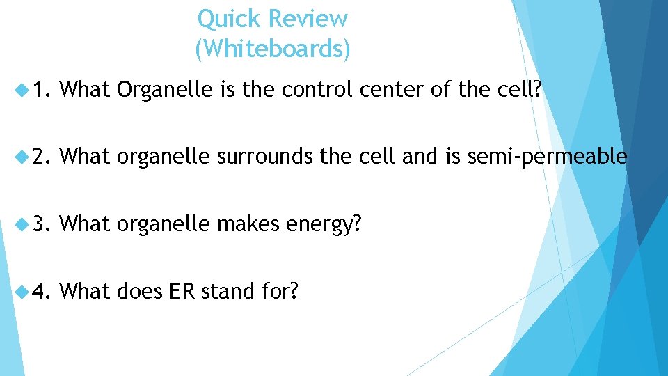 Quick Review (Whiteboards) 1. What Organelle is the control center of the cell? 2.