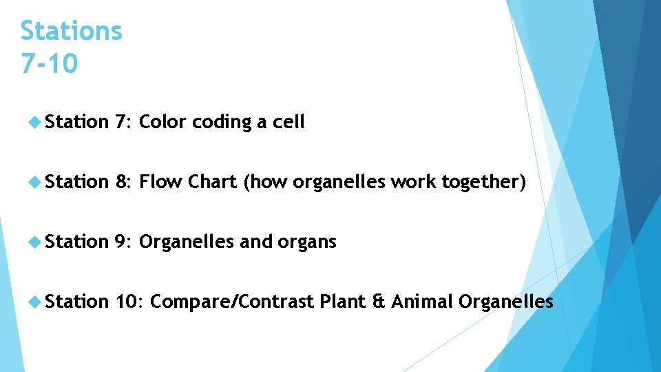 Stations 7 -10 Station 7: Color coding a cell Station 8: Flow Chart (how