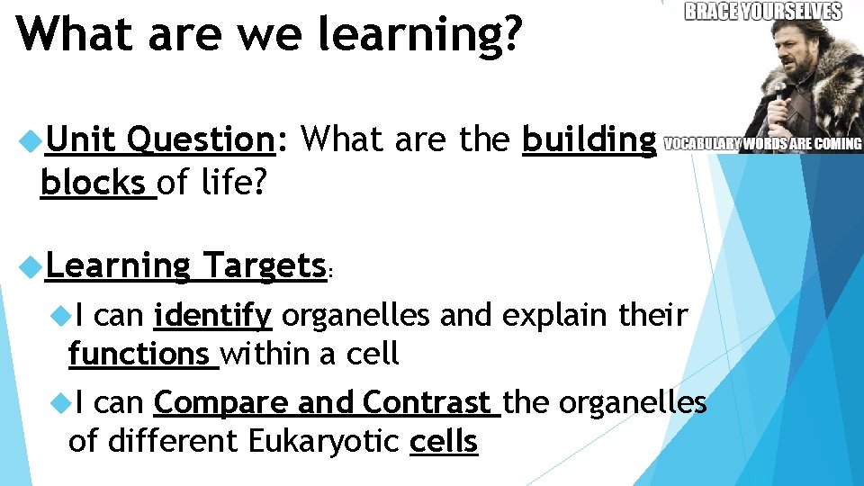 What are we learning? Unit Question: What are the building blocks of life? Learning