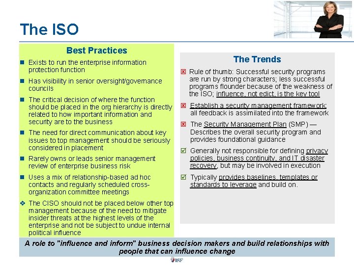 The ISO Best Practices n Exists to run the enterprise information protection function n