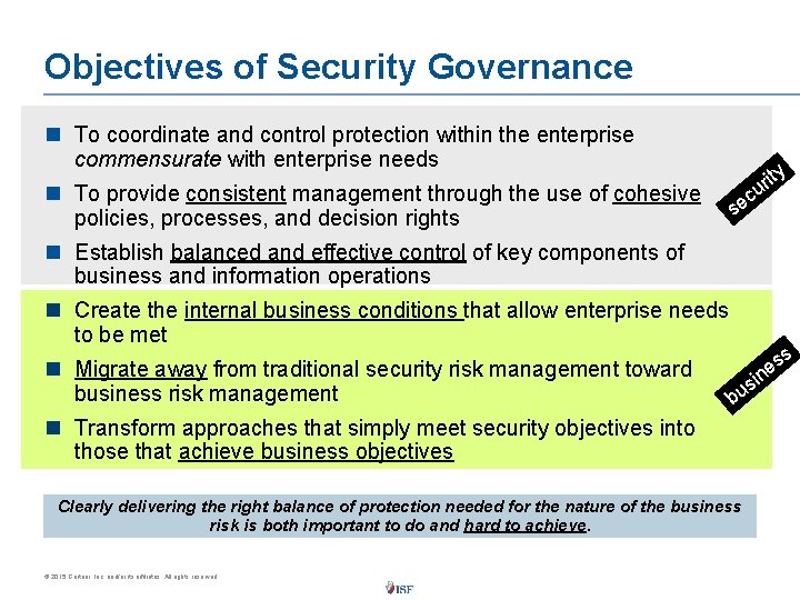 Objectives of Security Governance n To coordinate and control protection within the enterprise commensurate