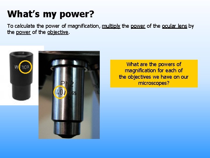 What’s my power? To calculate the power of magnification, multiply the power of the