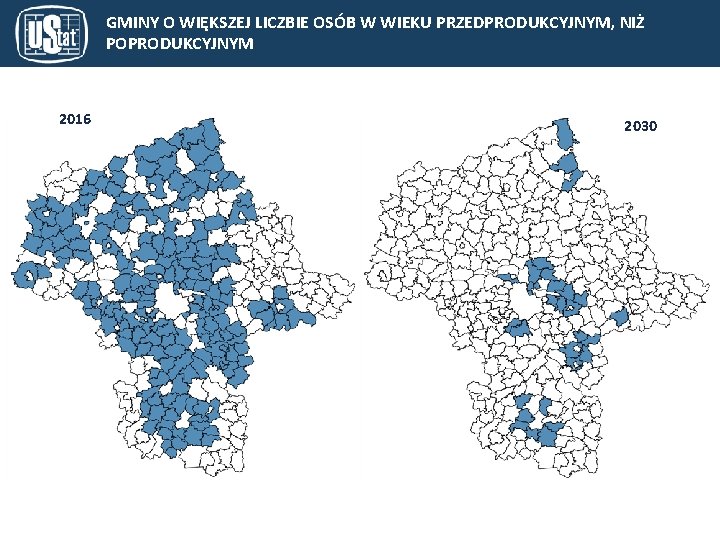 GMINY O WIĘKSZEJ LICZBIE OSÓB W WIEKU PRZEDPRODUKCYJNYM, NIŻ POPRODUKCYJNYM 2016 2030 