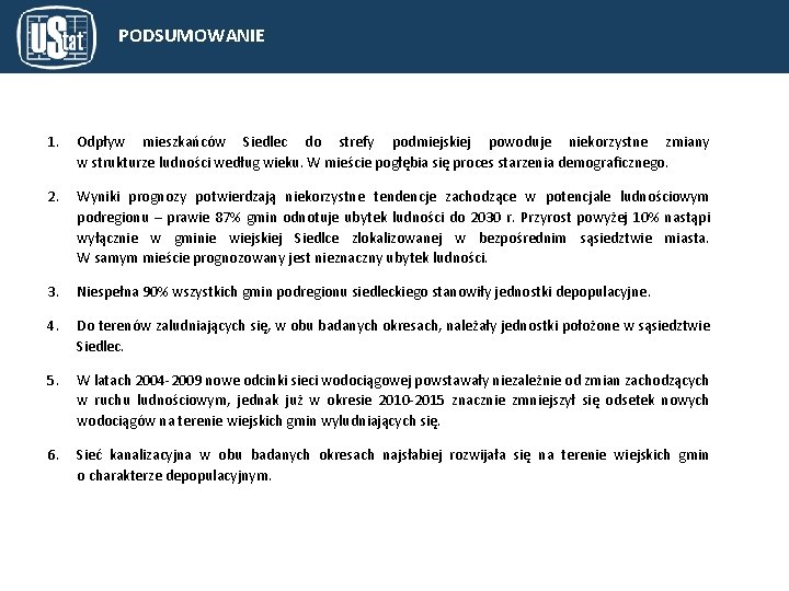 PODSUMOWANIE 1. Odpływ mieszkańców Siedlec do strefy podmiejskiej powoduje niekorzystne zmiany w strukturze ludności