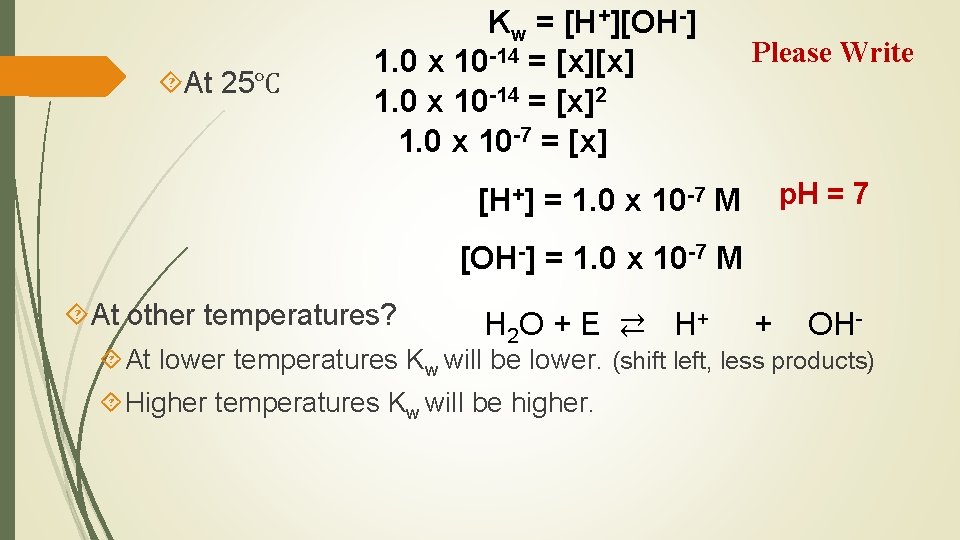  At 25℃ Kw = [H+][OH-] 1. 0 x 10 -14 = [x][x] 1.