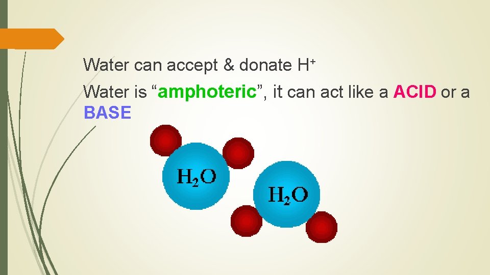 Water can accept & donate H+ Water is “amphoteric”, it can act like a