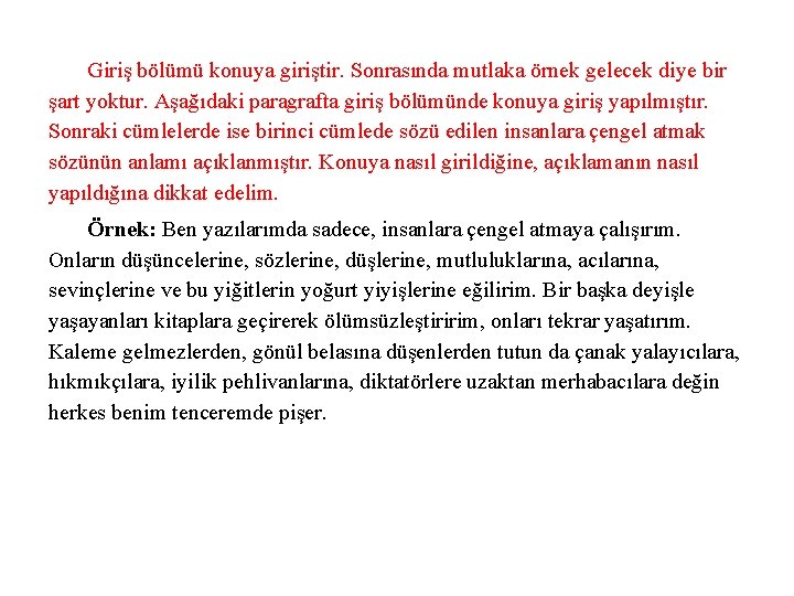 Giriş bölümü konuya giriştir. Sonrasında mutlaka örnek gelecek diye bir şart yoktur. Aşağıdaki paragrafta