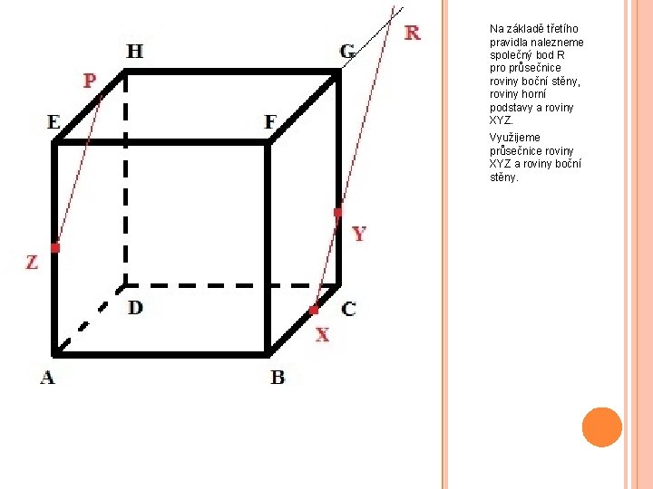 Na základě třetího pravidla nalezneme společný bod R pro průsečnice roviny boční stěny, roviny