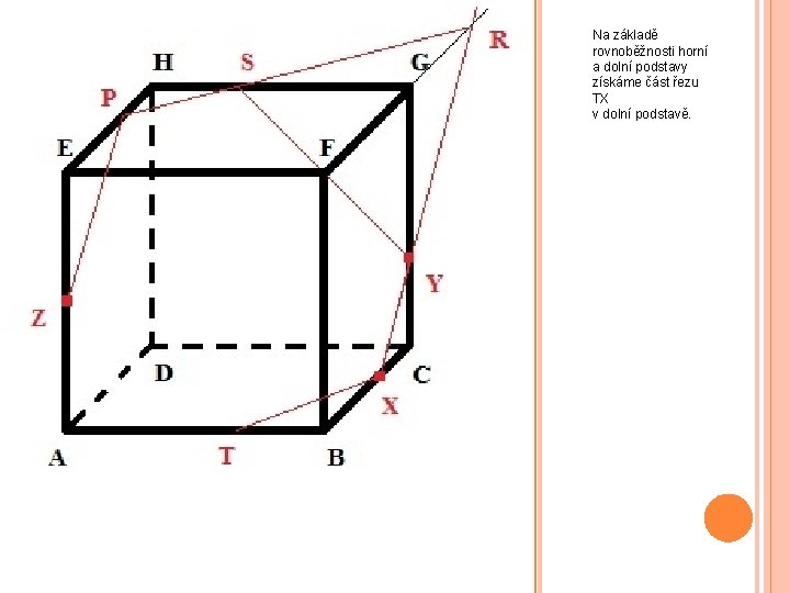 Na základě rovnoběžnosti horní a dolní podstavy získáme část řezu TX v dolní podstavě.