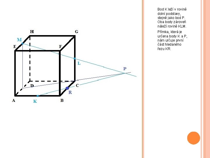 Bod K leží v rovině dolní podstavy, stejně jako bod P. Oba body zároveň