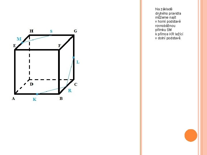 Na základě druhého pravidla můžeme najít v horní podstavě rovnoběžnou přímku SM k přímce