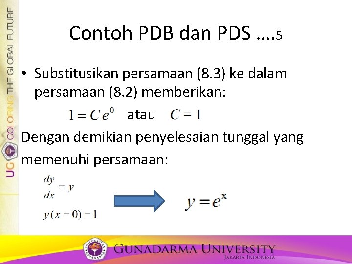 Contoh PDB dan PDS …. 5 • Substitusikan persamaan (8. 3) ke dalam persamaan Contoh PDB dan PDS …. 5 • Substitusikan persamaan (8. 3) ke dalam persamaan