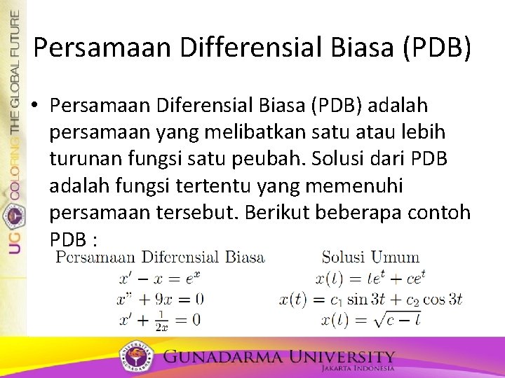 Persamaan Differensial Biasa (PDB) • Persamaan Diferensial Biasa (PDB) adalah persamaan yang melibatkan satu Persamaan Differensial Biasa (PDB) • Persamaan Diferensial Biasa (PDB) adalah persamaan yang melibatkan satu