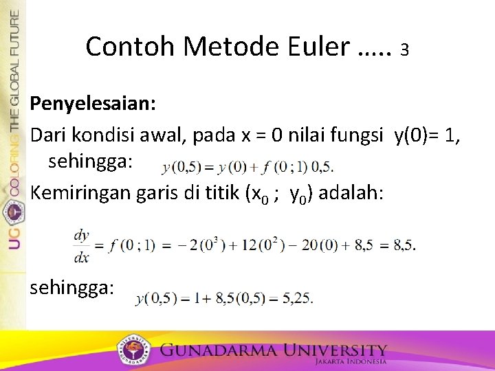 Contoh Metode Euler …. . 3 Penyelesaian: Dari kondisi awal, pada x = 0 Contoh Metode Euler …. . 3 Penyelesaian: Dari kondisi awal, pada x = 0