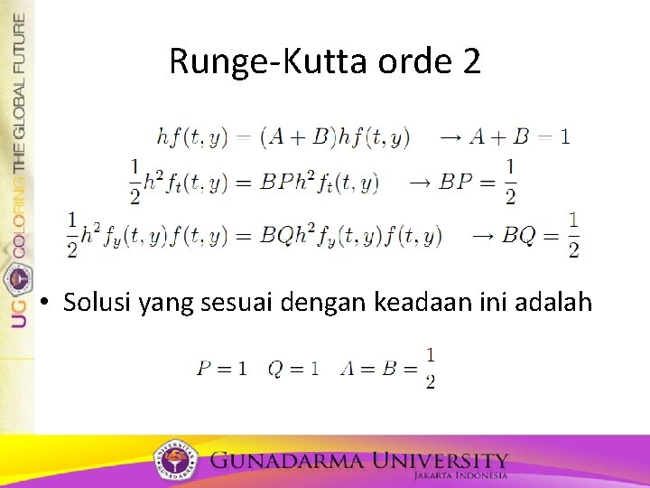 Runge-Kutta orde 2 • Solusi yang sesuai dengan keadaan ini adalah Runge-Kutta orde 2 • Solusi yang sesuai dengan keadaan ini adalah