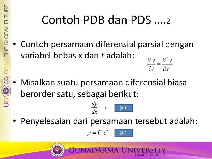 Contoh PDB dan PDS …. 2 • Contoh persamaan diferensial parsial dengan variabel bebas Contoh PDB dan PDS …. 2 • Contoh persamaan diferensial parsial dengan variabel bebas
