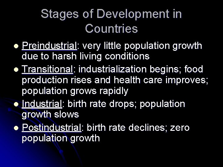 Stages of Development in Countries Preindustrial: very little population growth due to harsh living