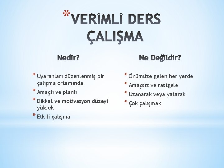 * * Uyaranları düzenlenmiş bir çalışma ortamında * Amaçlı ve planlı * Dikkat ve * * Uyaranları düzenlenmiş bir çalışma ortamında * Amaçlı ve planlı * Dikkat ve