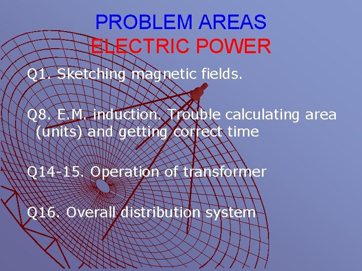 PROBLEM AREAS ELECTRIC POWER Q 1. Sketching magnetic fields. Q 8. E. M. induction.