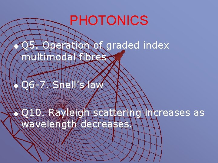 PHOTONICS u u u Q 5. Operation of graded index multimodal fibres Q 6