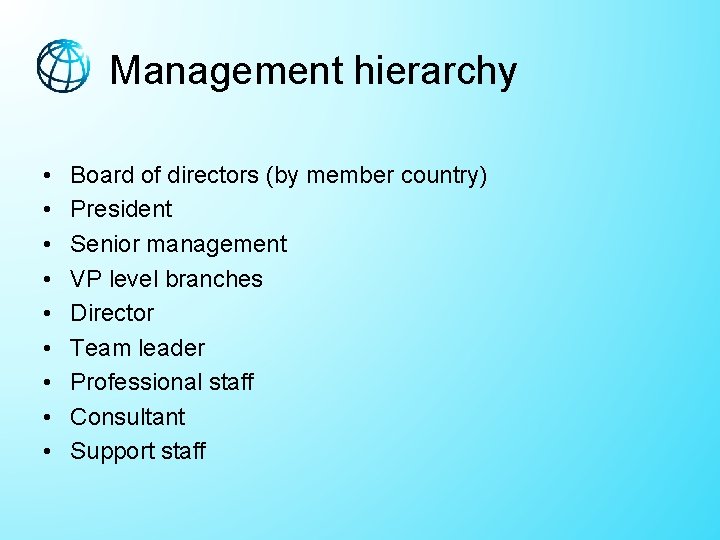 Management hierarchy • • • Board of directors (by member country) President Senior management Management hierarchy • • • Board of directors (by member country) President Senior management
