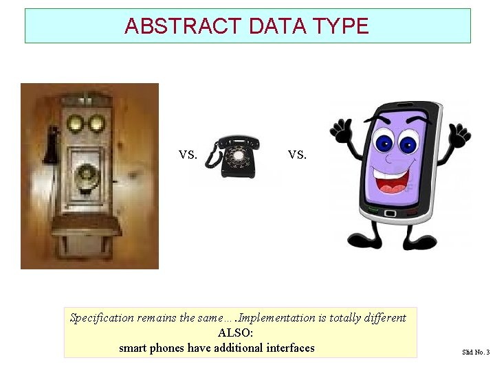 ABSTRACT DATA TYPE VS. Specification remains the same…. Implementation is totally different ALSO: smart