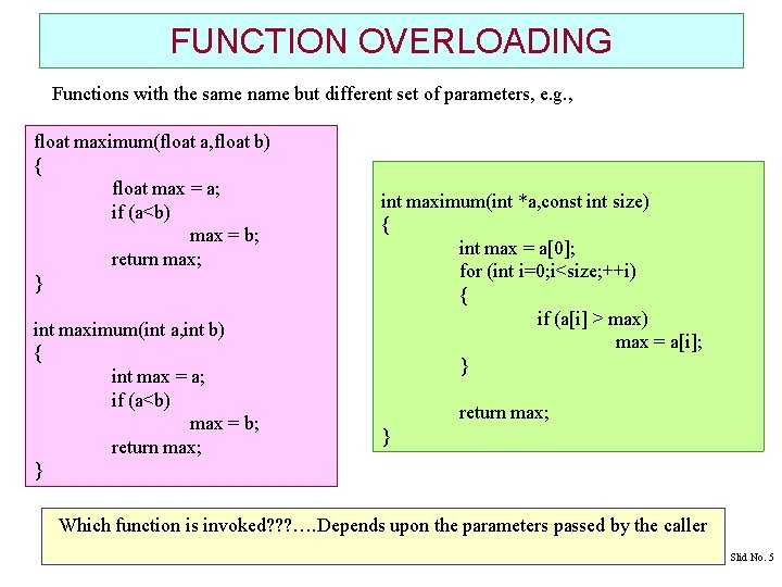 FUNCTION OVERLOADING Functions with the same name but different set of parameters, e. g.
