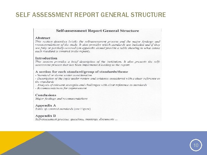 SELF ASSESSMENT REPORT GENERAL STRUCTURE 10 