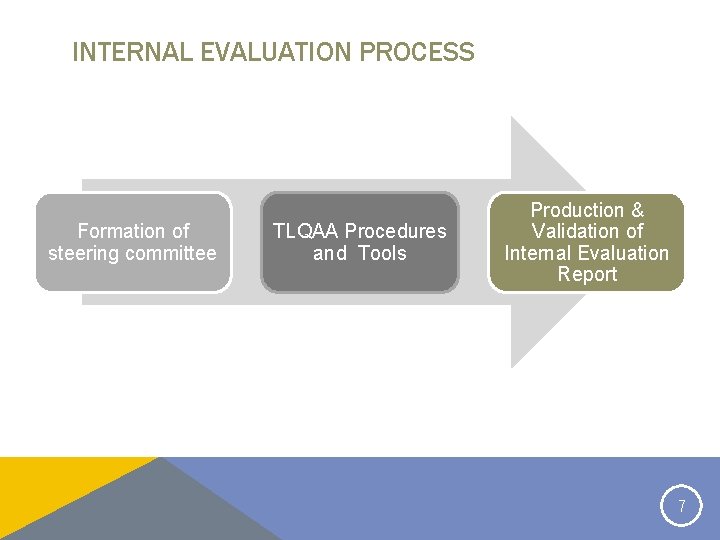 INTERNAL EVALUATION PROCESS Formation of steering committee TLQAA Procedures and Tools Production & Validation