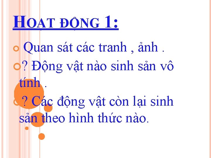 HOẠT ĐỘNG 1: Quan sát các tranh , ảnh. ? Động vật nào sinh