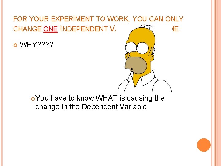 FOR YOUR EXPERIMENT TO WORK, YOU CAN ONLY CHANGE ONE INDEPENDENT VARIABLE AT A FOR YOUR EXPERIMENT TO WORK, YOU CAN ONLY CHANGE ONE INDEPENDENT VARIABLE AT A