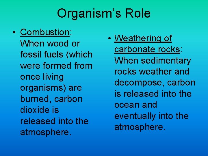 Organism’s Role • Combustion: When wood or fossil fuels (which were formed from once