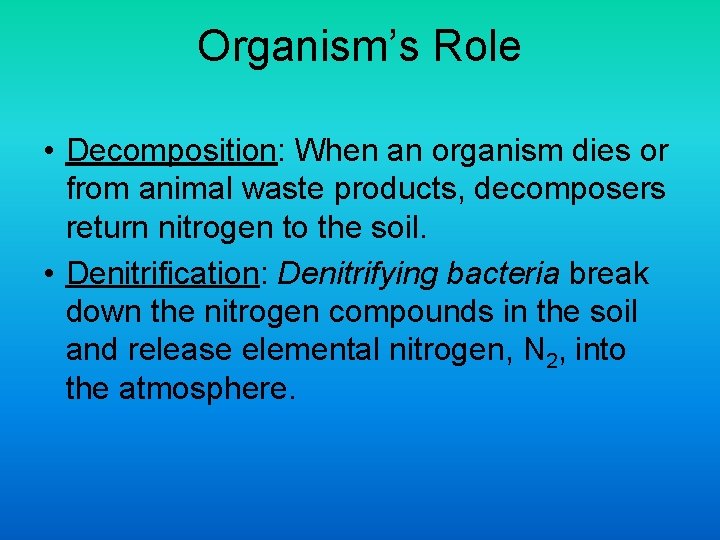 Organism’s Role • Decomposition: When an organism dies or from animal waste products, decomposers