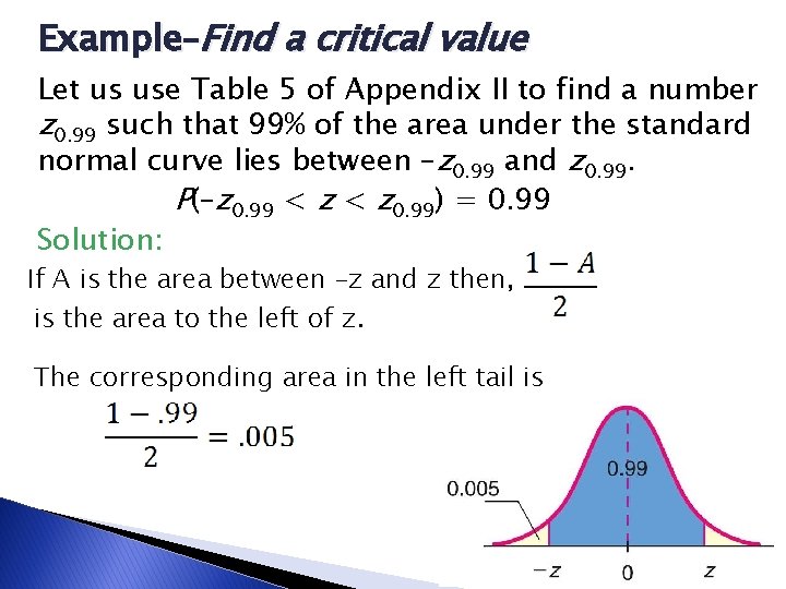 Example–Find a critical value Let us use Table 5 of Appendix II to find