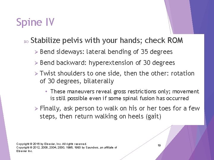 Spine IV Stabilize pelvis with your hands; check ROM Ø Bend sideways: lateral bending