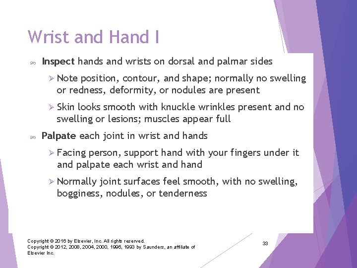 Wrist and Hand I Inspect hands and wrists on dorsal and palmar sides Ø