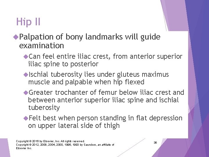 Hip II Palpation of bony landmarks will guide examination Can feel entire iliac crest,