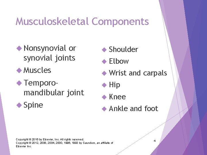 Musculoskeletal Components Nonsynovial or synovial joints Shoulder Elbow Muscles Wrist Temporo- Hip mandibular joint