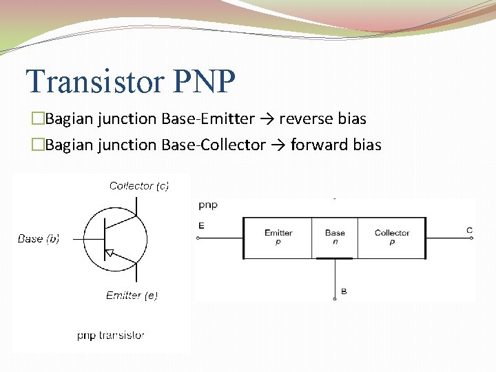 Transistor PNP �Bagian junction Base-Emitter → reverse bias �Bagian junction Base-Collector → forward bias