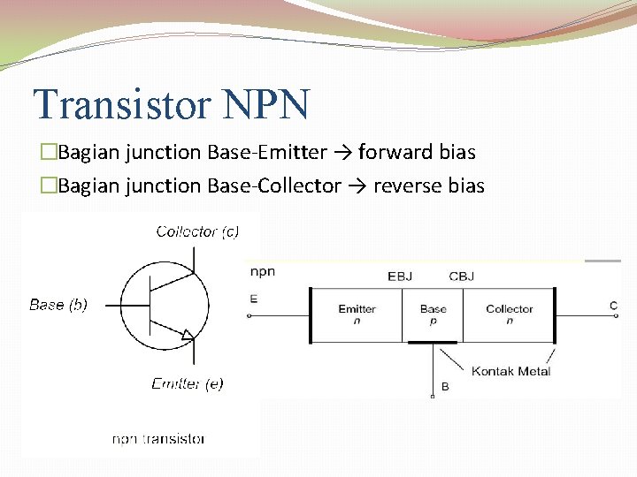 Transistor NPN �Bagian junction Base-Emitter → forward bias �Bagian junction Base-Collector → reverse bias