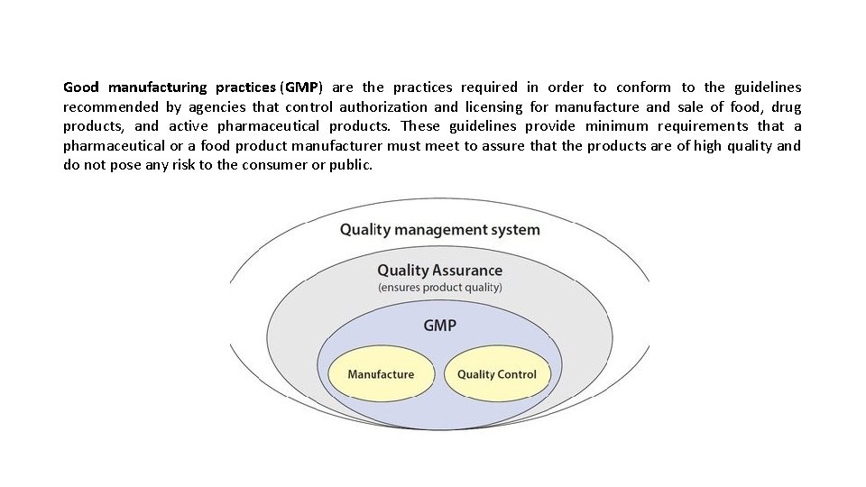 Good manufacturing practices (GMP) are the practices required in order to conform to the