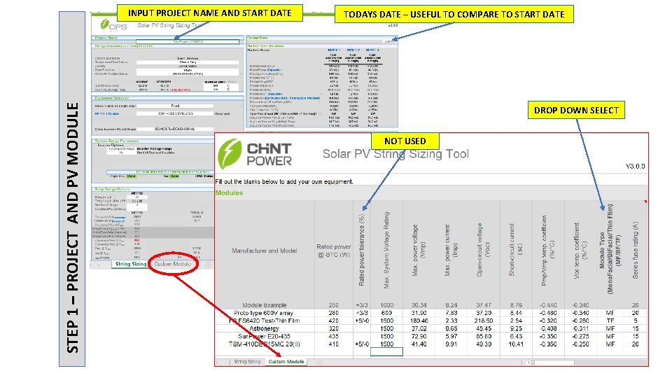 STEP 1 – PROJECT AND PV MODULE INPUT PROJECT NAME AND START DATE TODAYS