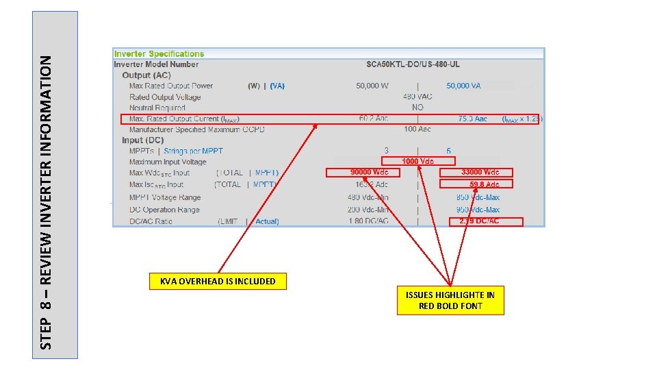 STEP 8 – REVIEW INVERTER INFORMATION KVA OVERHEAD IS INCLUDED ISSUES HIGHLIGHTE IN RED